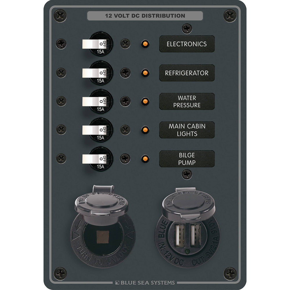 Blue Sea 8120 5 Position 12V Panel wDual USB 12V Socket 8120