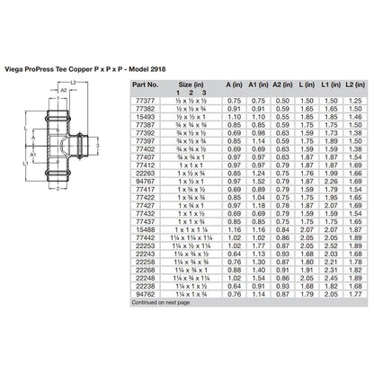 Viega ProPress 34 Copper Tee  Triple Press Connection  Smart Connect Technology 77387